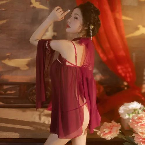 Vista 2 de Lencería sexy china transparente para mujer, vestido Hanfu bordado para mujer