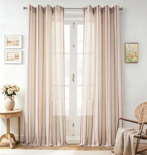 Vista 124 de DriftAway Cortinas de estilo granja con rayas verticales de lino mezclado texturizado con filtro de luz semitransparente para sala de estar