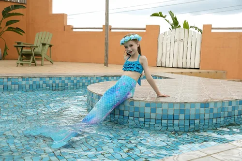 Vista 6 de DNFUN Traje de baño de sirena de 3 piezas para niñas, con cola de sirena, sin monoaleta