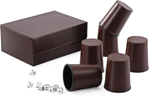 Vista 2 de Party Games - Juego de dados de cuero, 6 tazas de dados de cuero negro + 30 dados + funda exclusiva de almacenamiento y transporte hecha de piel