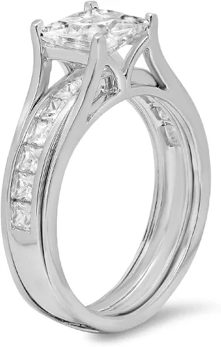 Vista 2 de Clara Pucci Juego de anillos de compromiso de boda de 340 quilates con diamantes de imitación de corte princesa y circonita cúbica de oro blanco