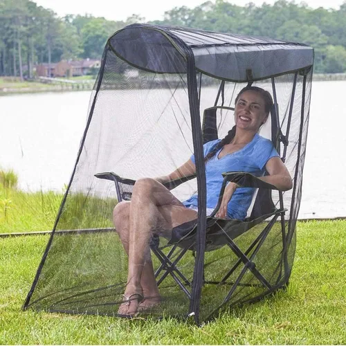 Vista 6 de Silla de pesca para acampar con toldo de red transpirable y soporte para tazas, silla plegable para exteriores, protección solar
