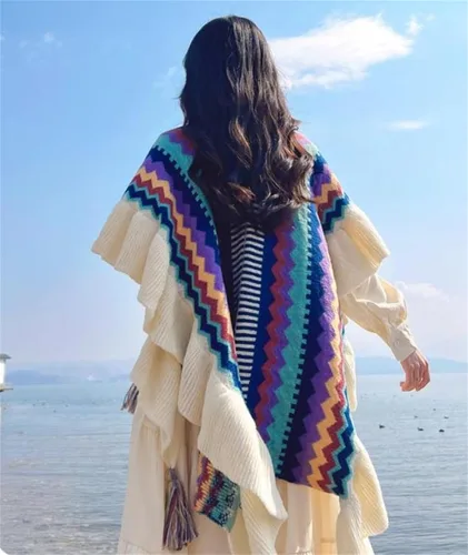 Vista 6 de SXLINGDO Poncho cruzado frontal tipo suéter de punto elegante capa de chales, cárdigan bohemio con borla para mujer