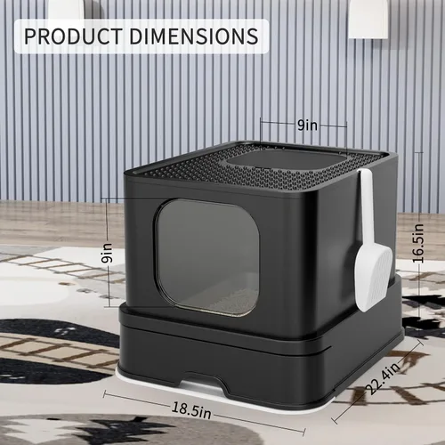 Vista 2 de RIZZARI Caja de Arena Cerrada para Gatos: Diseño Grande de Acero Inoxidable Anti-Fugas Controla el Olor - Todo Negro Sin Desodorizante - para Gatos