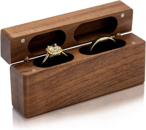 Vista 9 de MUUJEE The Adventure Begins - Caja de doble anillo – Caja de madera delgada grabada para boda, ceremonia de compromiso, propuesta de anillo – Ideas