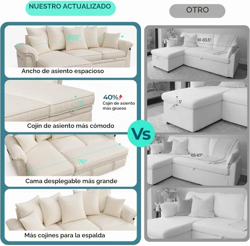 Vista 3 de LINSY HOME Sofá modular con cama extraíble, sofá biplaza modular de pana grande, reposabrazos ancho, sofá modular de 62 pulgadas y 2 asientos
