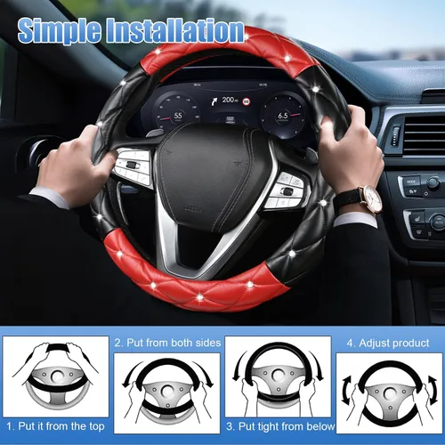 Vista 7 de SuperKaKa Funda para volante negra y roja, accesorios de interior de automóvil de estilo diamante con brillo lindo y cómodo, protector brillante que