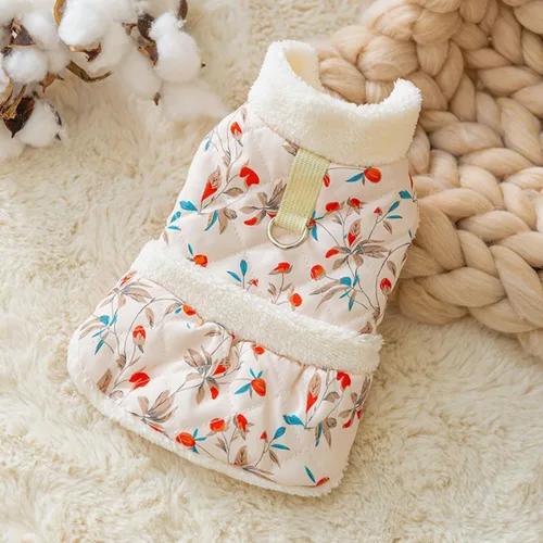 Vista 6 de Abrigo para perro, pijama de invierno para gatos, pequeños trajes de algodón floral para perro, chaqueta acolchada para perro, overol para mascotas