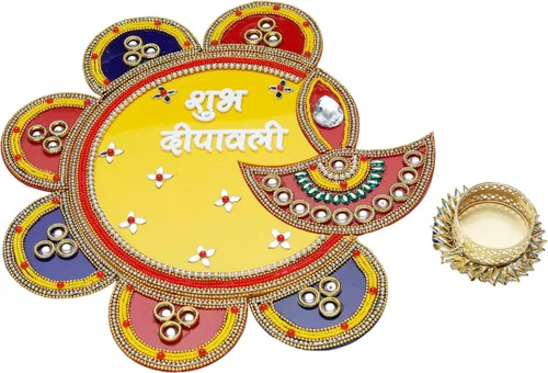 Vista 2 de Aditri Creation Shubh Labh Deepawali Rangoli - Rangoli de suelo reutilizable grande para suelo de acrílico Rangoli indio tradicional, decoración