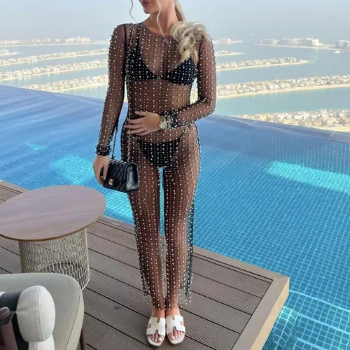 Vista 2 de Owl's-Yard Vestido largo de malla transparente con diamantes de imitación para mujer, vestido largo para playa, traje de baño, bikini Negro