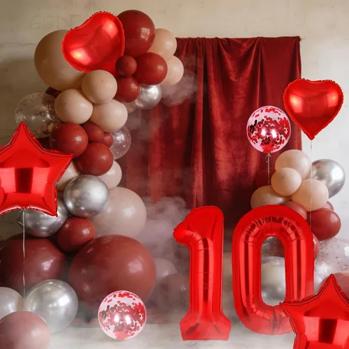 Vista 4 de Globos rojos de 40 pulgadas con números de Mylar para decoración de fiesta de cumpleaños número 10 Globos digitales de helio, 10 suministros