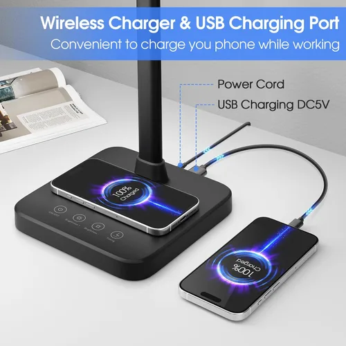 Vista 2 de ShineTech LED Desk Lamp, 24W Double Head Desk Light with Wireless Charging