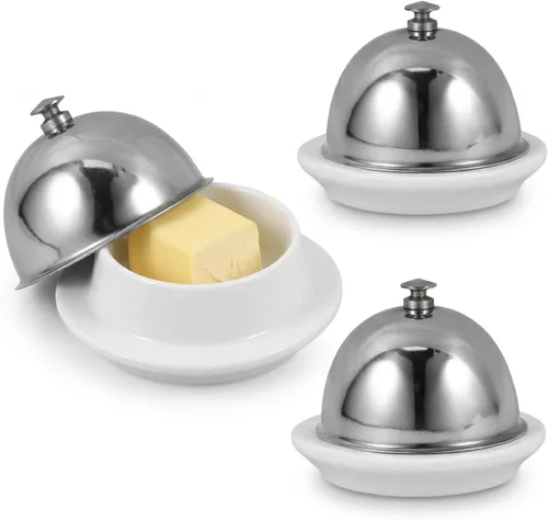 Vista 10 de Tofficu Mantequillera de cerámica con tapa, recipiente de mantequilla de cúpula de acero inoxidable para encimera, postre, cupcake, pastel de crema