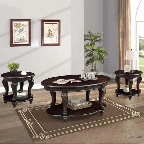 Vista 10 de Mesa de café ovalada de madera para sala de estar, mesa de café de dos niveles de madera maciza con estante de almacenamiento abierto, mesa
