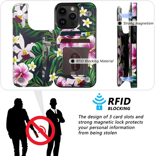 Vista 4 de Funda de piel con tapa para tarjetas compatible con iPhone 13 Pro de 6.1 pulgadas, para mujeres y niñas, con tarjetero y función atril, doble cierre