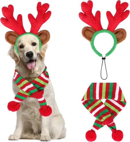 Vista 8 de BWOGUE Conjunto de Diadema de Cuernos de Alce Reno de Navidad para Perro y Bufanda de Rayas Rojo-Blanco-Verde, Disfraz de Navidad para Mascotas