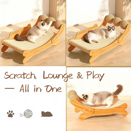 Vista 2 de Cama rascador para gatos de interior, hamaca de madera 3 en 1 para gatos con almohadilla duradera para arañazos y 3 bolas de sisal, base resistente