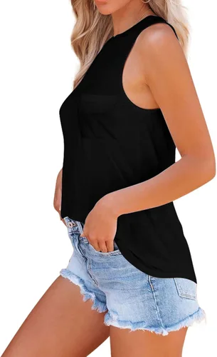 Vista 2 de BESFLY Camiseta sin mangas para mujer, cuello redondo, ajuste holgado, ligera, con bolsillo