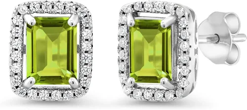 Vista 5 de Gem Stone King Aretes de plata de ley 925 con piedra natal Corte esmeralda de 0.315 x 0.236 in Aretes de halo para mujer