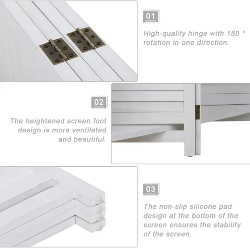 Vista 4 de Divisor de habitación de pared plegable de madera, pantalla plegable de 4 paneles con tres estantes inteligentes, divisor tejido a mano de malla