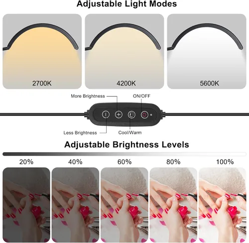 Vista 3 de Luz de media luna para escritorio de uñas, lámpara de manicura LED profesional sin sombras con abrazadera, 3 modos de color y 10 niveles de brillo