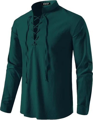 Vista 14 de JEMITOP Men's Pure Cotton Renaissance Lace Up Shirt Verde militar
