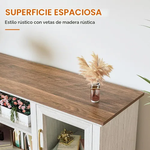 Vista 4 de Soporte de TV de granja para TV de 55/60/65 pulgadas, consola multimedia alta con 2 puertas de vidrio y 3 estantes ajustables, centro