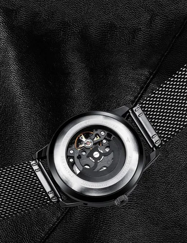 Vista 3 de Reloj mecánico automático de acero inoxidable de lujo Sapphire Fecha impermeable Fase lunar Reloj (negro), Mecánico