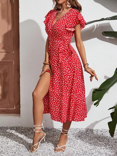 Vista 5 de WDIRARA Vestido midi cruzado de cintura alta con cuello en V y estampado floral para mujer