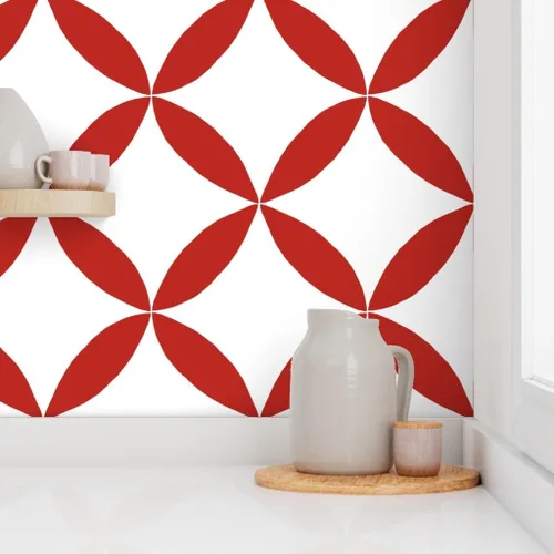 Vista 8 de Muestro de papel tapiz extraíble, círculo geométrico rojo, pétalos blancos, minimalista, floral, a gran escala, medio, cuatro pétalos, Scandi, casa