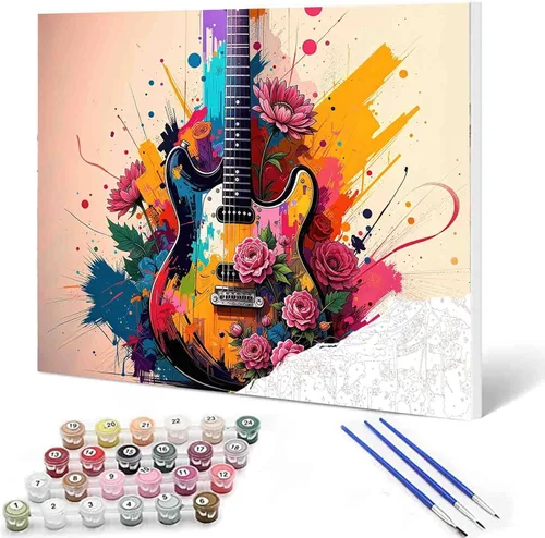 Vista 15 de Aihonmin Graffiti instrumental, paquete de 6 pinturas por números para adultos, kit de pintura musical por números, sobre lienzo para principiantes