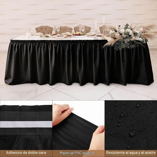 Vista 3 de TURSTIN 2 faldas de mesa de plástico negro de 14 x 29 pies para mesas rectangulares, mantel ajustable, mantel desechable para fiestas de cumpleaños