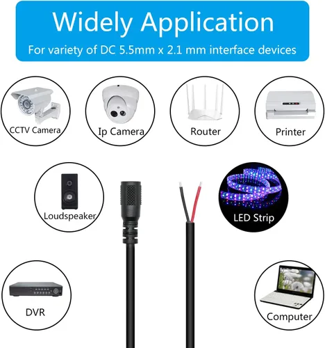 Vista 6 de Cable de alimentación de 12 V CC, 18 AWG 0.5 M/1.65 pies CC 0.217 in x 0.083 in enchufe hembra a cable desnudo cable de alimentación de extremo