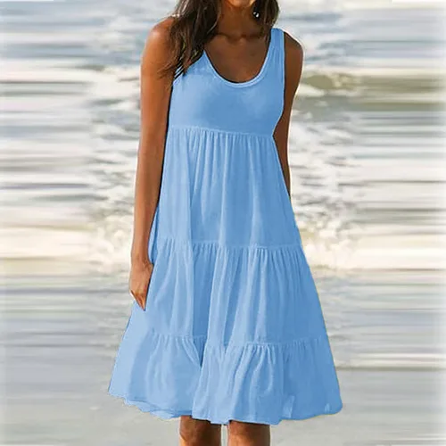 Vista 2 de Vestido largo de verano para mujer, casual, de algodón, lino, con bolsillos laterales, holgado, sin mangas, para vacaciones