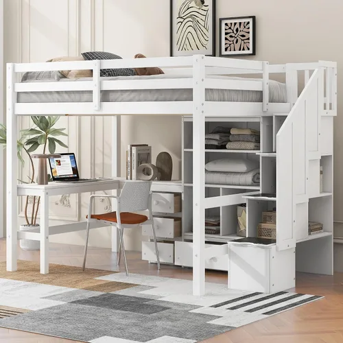 Vista 17 de Cama loft de madera tamaño matrimonial con escritorio en forma de U y espejo de tres pliegues, base de cama tipo loft multifunción con Espresso-10.16