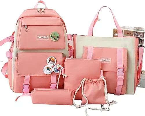 Vista 6 de Linda mochila con accesorios kawaii 5PCS Set Mochilas impermeables, Negro -, Moderno
