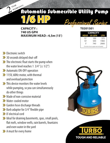 Vista 4 de Turbo Bomba sumergible de utilidad 1/6HP con interruptor electrónico