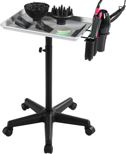 Vista 4 de Yaheetech Bandeja de salón rodante, equipo de carrito de aluminio con ruedas y altura ajustable, taburetes de spa, bandeja de almacenamiento