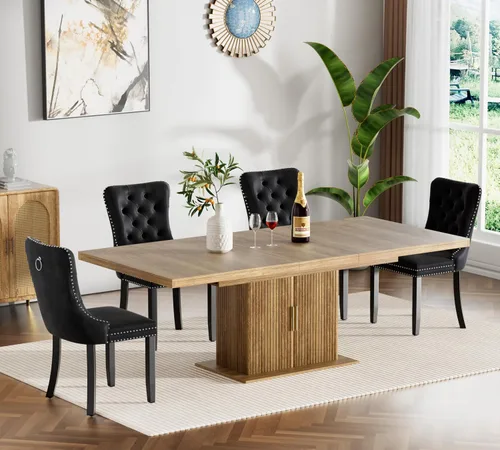 Vista 34 de Juego de mesa de comedor extensible de 5 piezas, juego de mesa de comedor extensible de estilo granja para 4, mesa de cocina expandible de madera