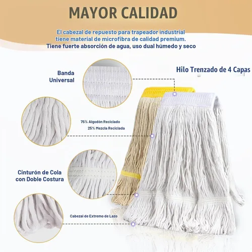 Vista 2 de Trapeador industrial de alta resistencia comercial con 2 cabezales de repuesto grandes extra de 20 onzas, mango largo de 60 pulgadas, trapeadores
