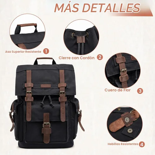 Vista 6 de Kattee Mochila de lona de cuero para hombre, mochila grande para escuela Negro