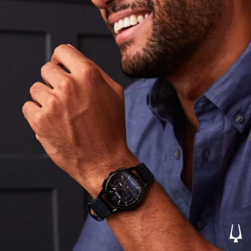 Vista 4 de Bulova CURV - Reloj cronógrafo con correa de cuero azul para hombre 98A232, Blanco, Cronógrafo