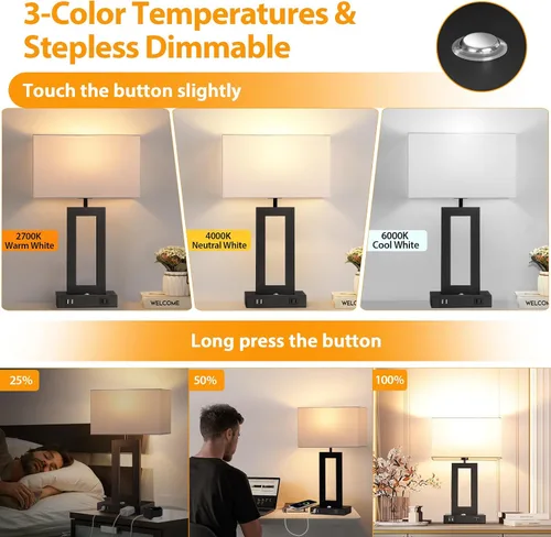 Vista 2 de Kondras Juego de 2 lámparas de mesa para dormitorios, 3 temperaturas de color, control táctil, lámparas de noche con 2 puertos USB y salida de CA