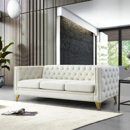Vista 14 de Sofá de terciopelo de 3 plazas, cómodos sofás para sala de estar, sofá moderno con respaldo copetudo y decoración de remaches, sofá largo tapizado