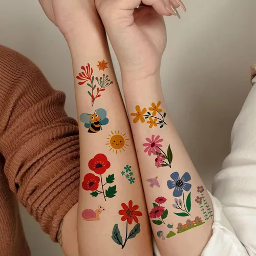 Vista 3 de Tatuajes temporales de flores para niños y niñas, 10 hojas falsas, impermeables, lindas calcomanías de tatuaje pequeñas para niños, regalos