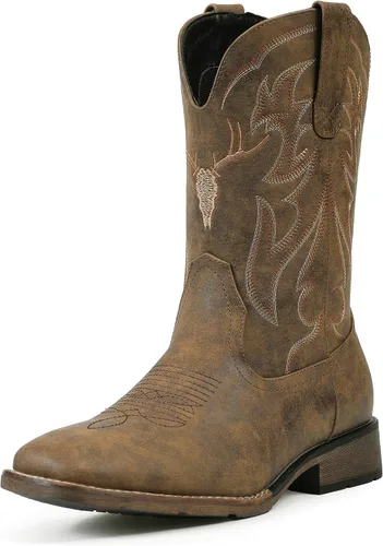 Vista 11 de Cowboy Boots for Men Square Toe Western Boots Retro Classic Embroidered Pull On Boot Café