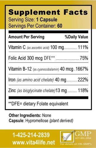 Vista 2 de Vita4Life!® Suplemento de hierro para apoyo diario Formulado para absorción Suave con el estómago Sin rellenos con vitamina C y B12