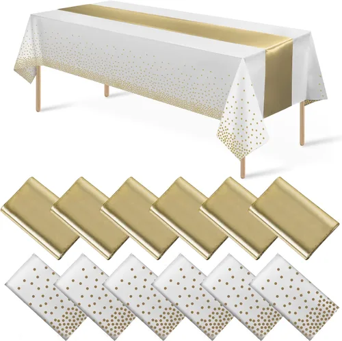 Vista 26 de 8 paquetes de manteles de plástico desechables y juego de camino de mesa de satén negro con dorado, mantel de satén dorado para graduación, boda