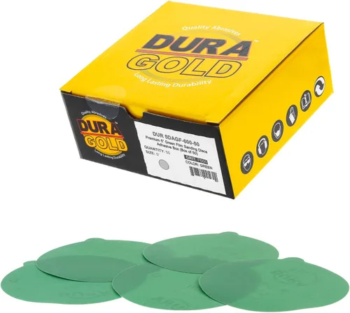 Vista 12 de Dura-Gold Discos de lija PSA de película verde de 5 pulgadas, grano 80 (caja de 50), discos de papel de lija autoadhesivos con parte trasera