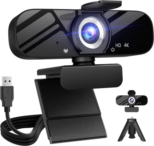 Vista 7 de Tewiky Cámara web Full HD con micrófono integrado y trípode giratorio, video 2K y cámara gran angular, cubierta de privacidad, para PC de escritorio